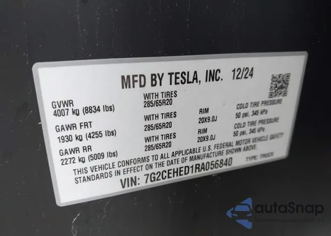 2024 Tesla Cybertruck All-Wheel Drive из США, поврежденный, VIN 7G2CEHED1RA056840